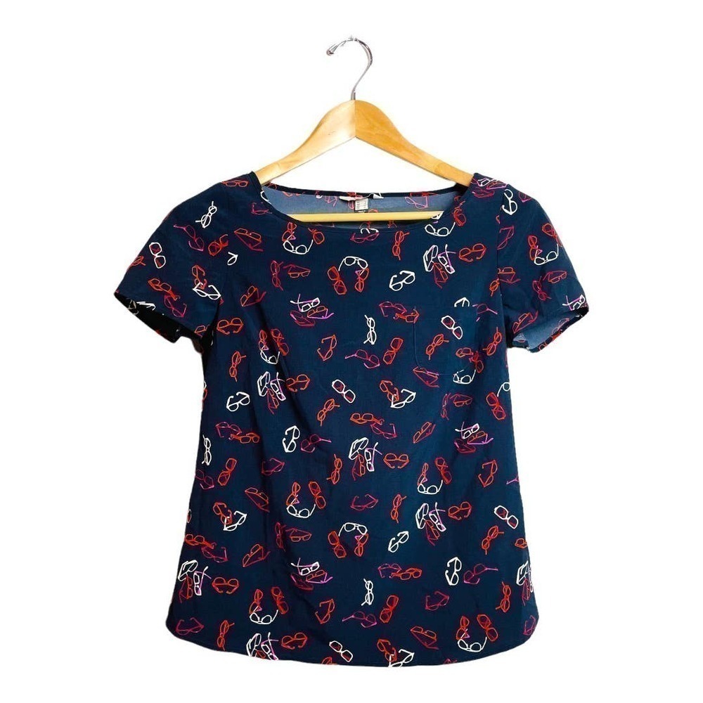 🍀Lands’ End Navy Short Sleeve Blouse with Glasses Design Women’s Size XS